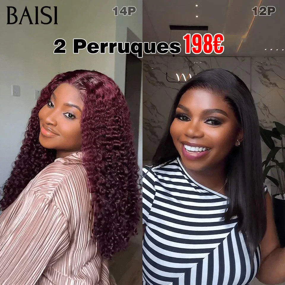 BAISI 2 Perruques 198€ 13X4 lace Lisse 12 Pouces et water wave 14 Pouces en Couleur  99J 250% densité DE luxe en 100% Cheveux Humains FR38