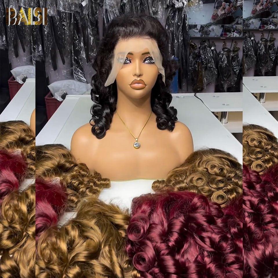 BAISI Compre 2 perucas no mínimo ao preço de fábrica do fornecedor, Peruca 13X4 066C Bouncy Curly, 4 cores, 18 polegadas ou 13X4 lace Bouncy Body Wave, 16 polegadas, misto, 200% densidade, mais de 20 anos de uso em 100% cabelo humano (sem código)