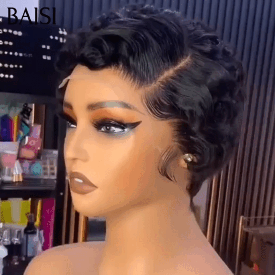 BAISI 13x4 Lace Frontale Perruque Pixie petite coupe 69€ NOIR En 100% Cheveux Humains