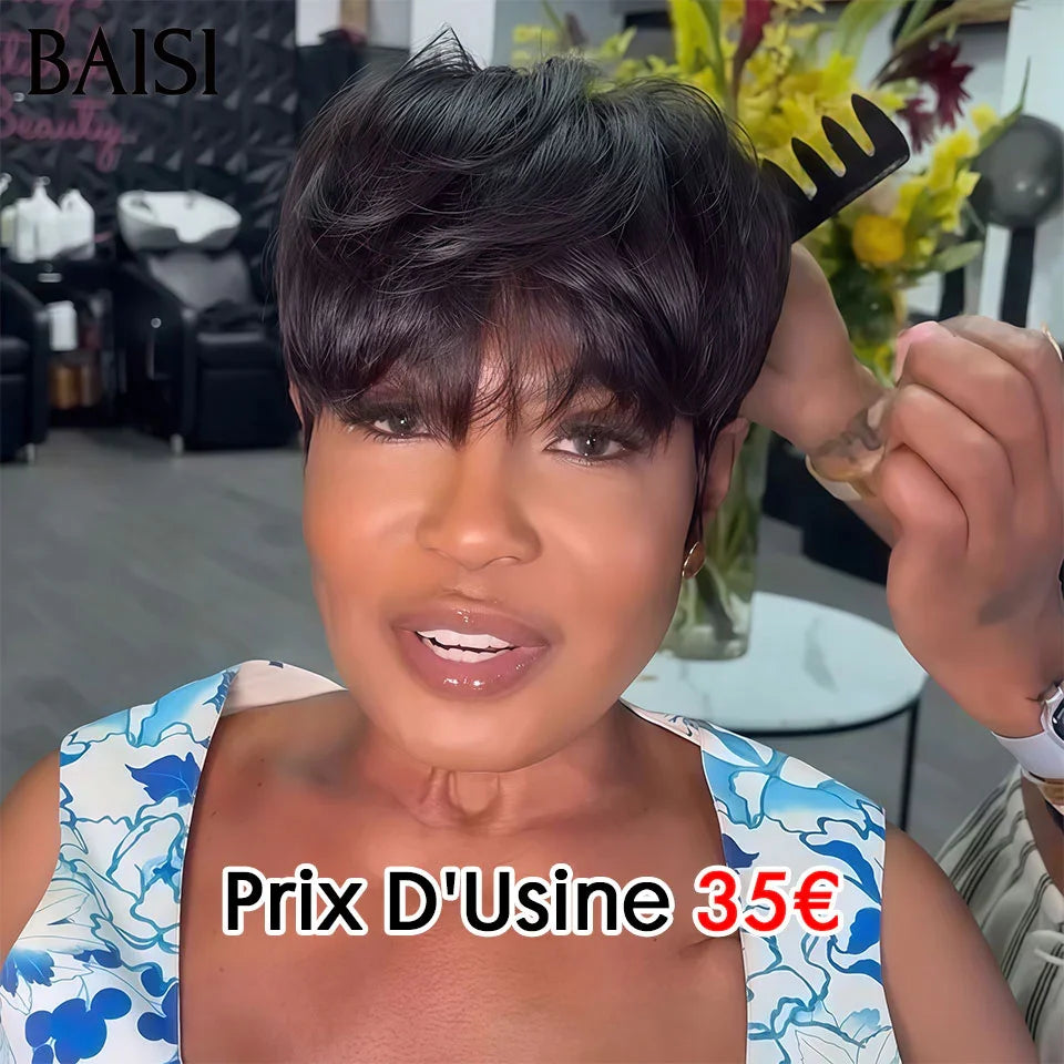 BAISI Compre 2 perucas no mínimo ao preço de fábrica, peruca fabricada à máquina pixie lisa ou peruca curly wave mista, 100% cabelo humano, fabricada à máquina (não precisa de código)