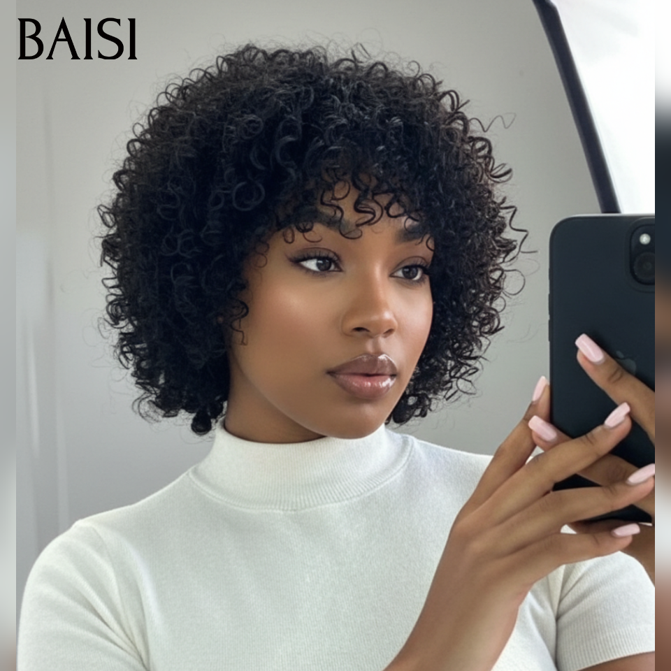 BAISI Prix Perruque Pixie Afro Curl sans lace bouclé partout Noir en 100% cheveux humains