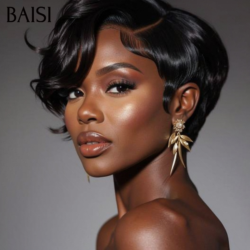 BAISI 13x4 LACE PERRUQUE BOUCLÉE CURLY EN NOIR pixie EN 100% CHEVEUX HUMAINS