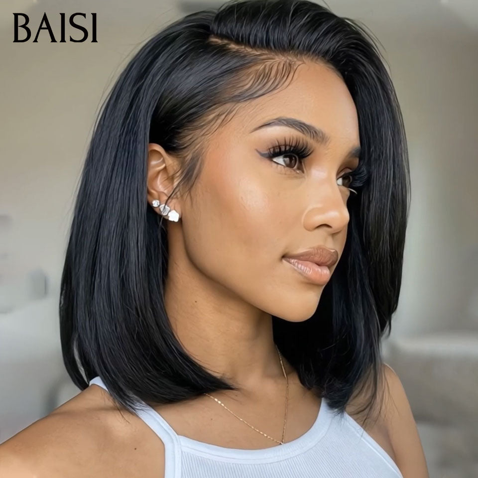BAISI vente flash perruque bob carré frontale 12 pouce ou pixie chioma finger wave 55€ ou 2 Perruques 85€ 13X4 lace noir et Marron pixie moitié prix en 100% vrais cheveux humains MP50
