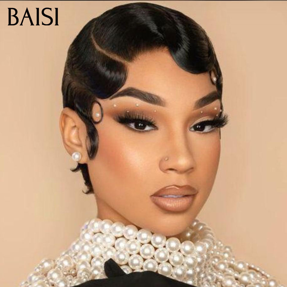 BAISI 13X4 Short Pixie Finger Wave Wig in Pink Color €88 In 100% Human Hair BS50
