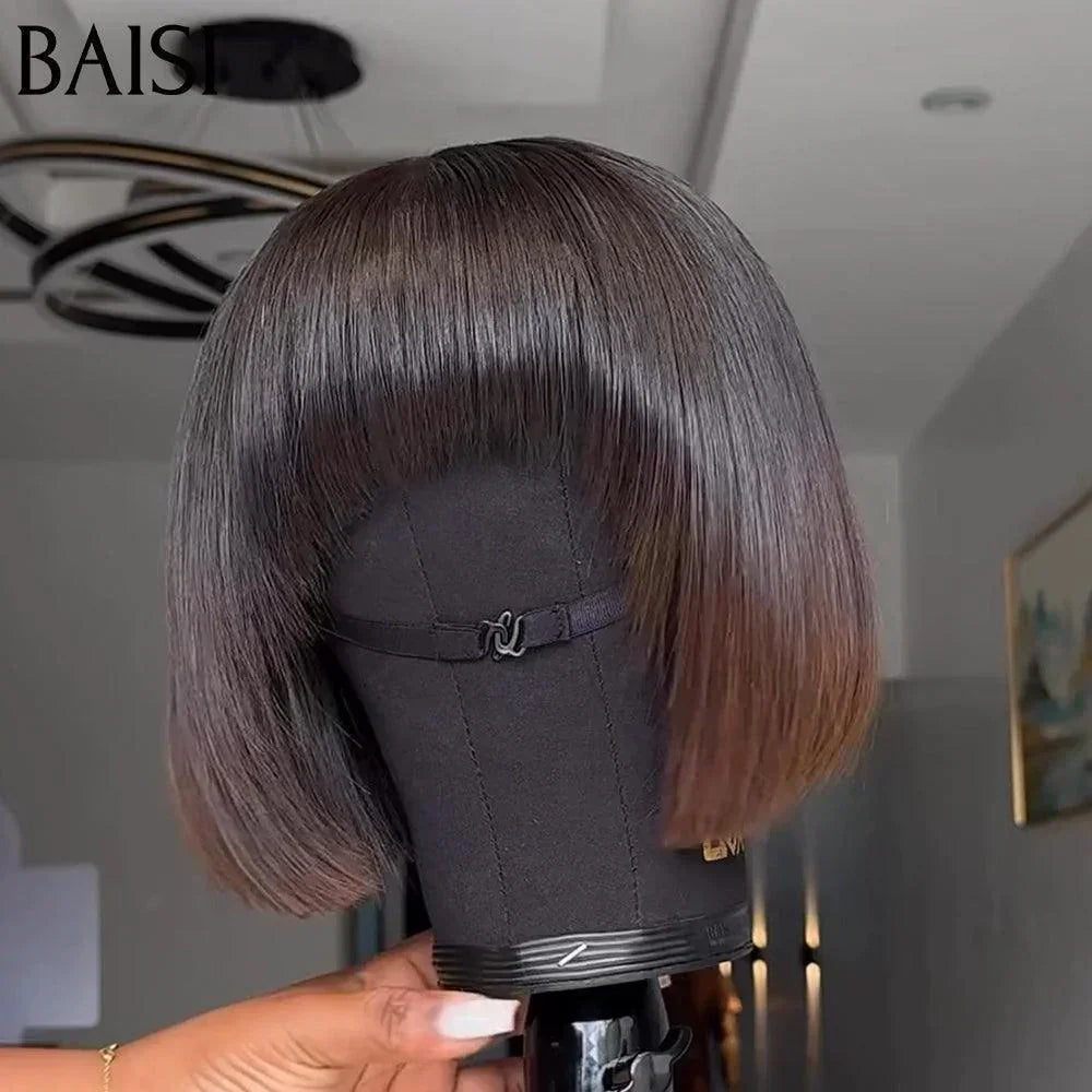 BAISI Grande Promo 15A Vietnam Hair SDD BONE STRAIGHT 300% densité  BOB sans lace LISSE AVEC FRANGE 1BT4# 8 Pouces En 100% Cheveux Humains