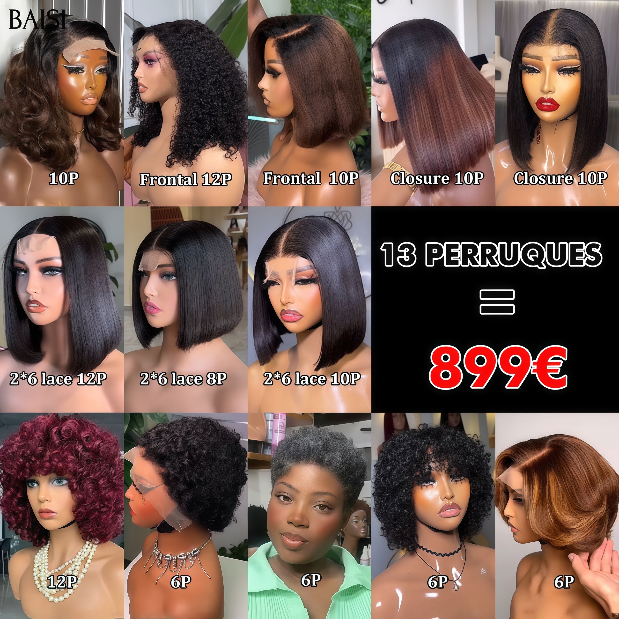 BAISI venda flash 13 Perucas bob lisas ou encaracoladas 13X4 e 4X4 lace e sem lace em 100% cabelo humano verdadeiro 899 euro Código: VIP400