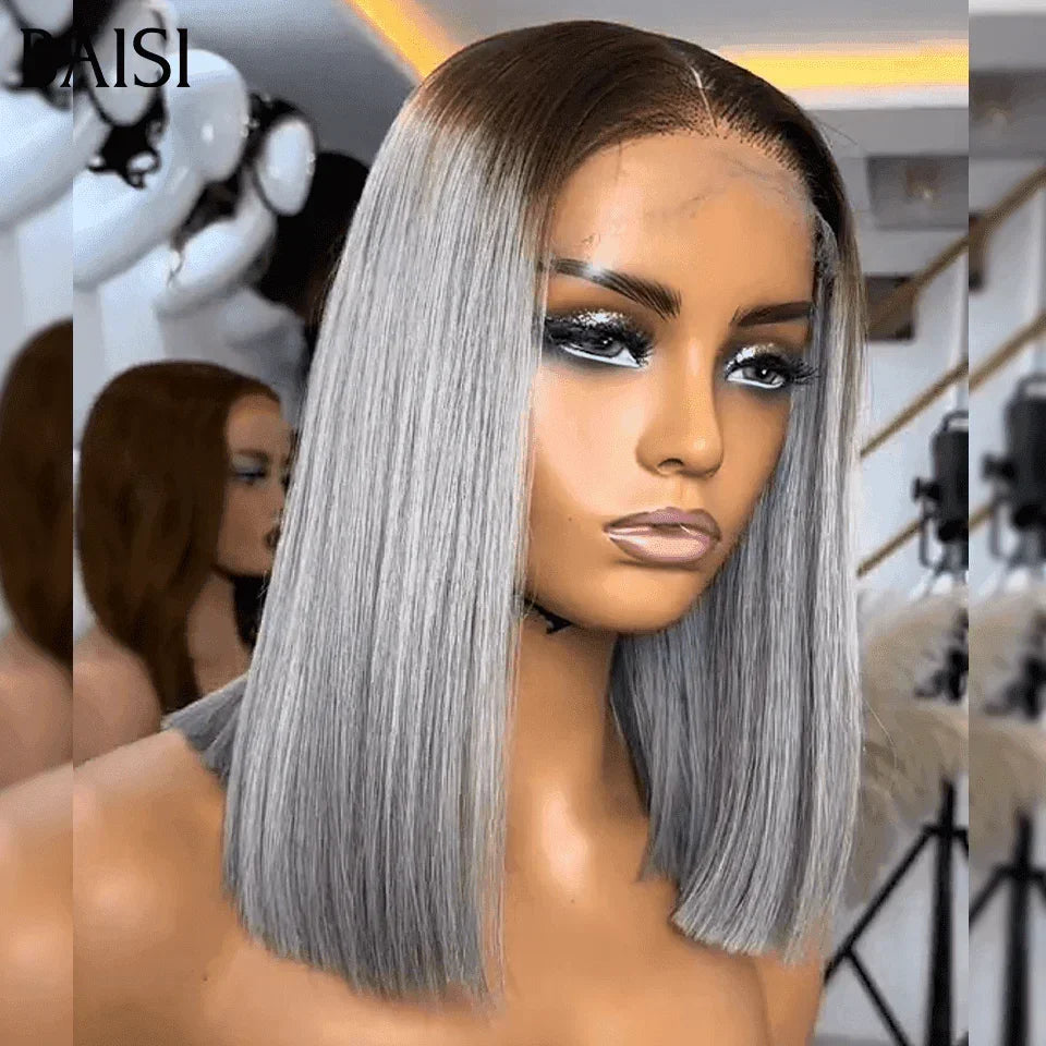 Collezione BAISI Poivre et Sel SDD BONE STRAIGHT Parrucca Liscia Bob 2x6 Chiusura in Pizzo Capelli 100% Vietnamiti colore #4/Grigio In 100% Veri Capelli Umani