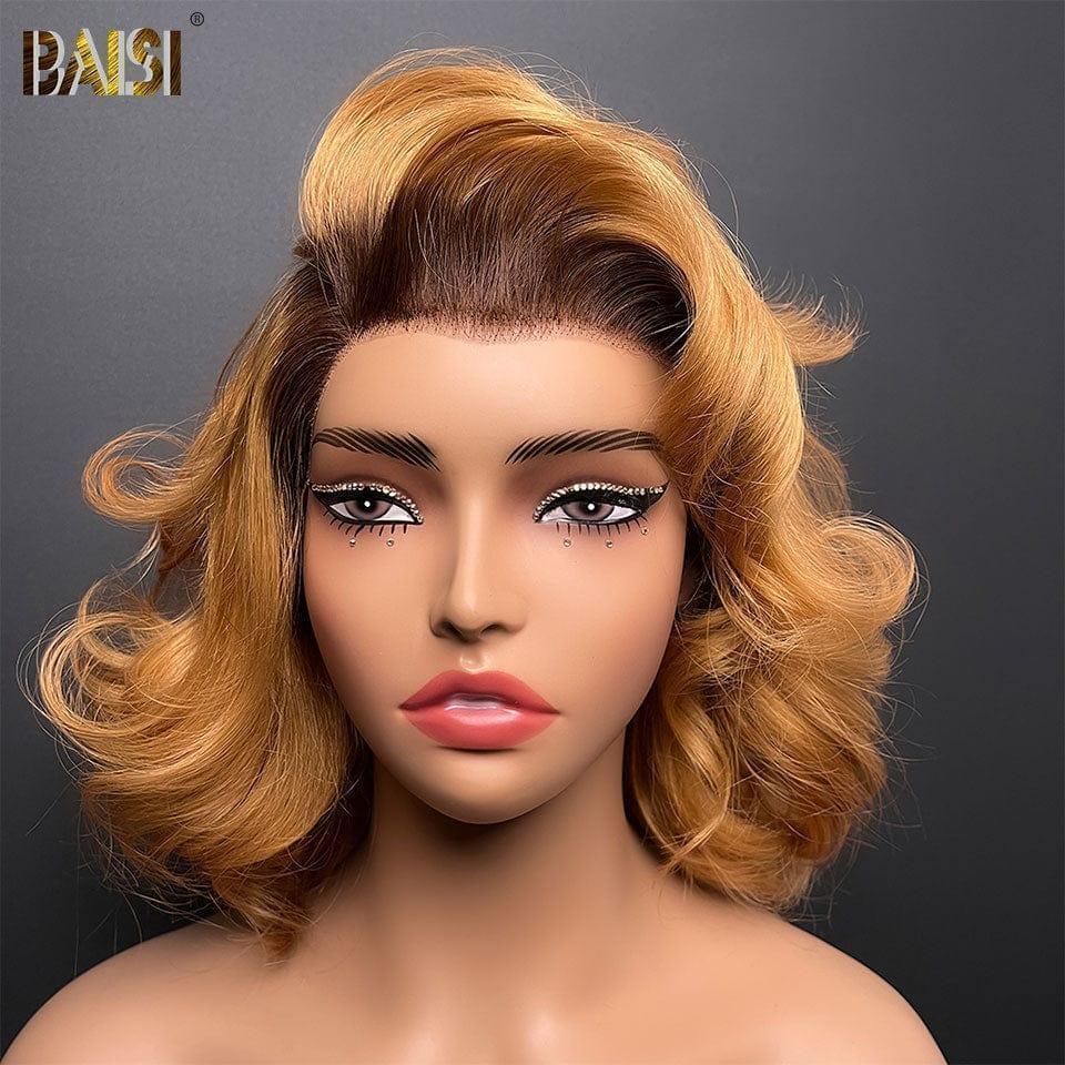 BAISI 13x4 Frontal Perruque grosse boucles 12 pouces En Couleur  Miel avec Racine Marron 4T27# 149€ en 100% Vrais Cheveux Humains BS120