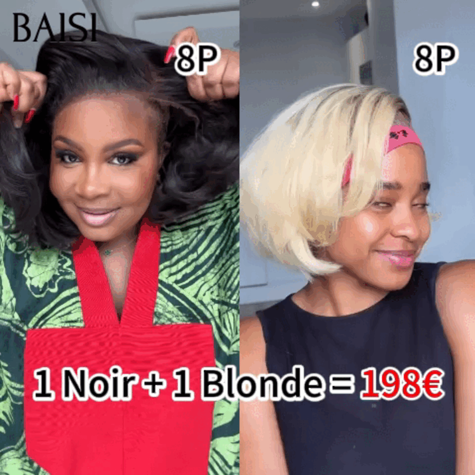 BAISI  2 Perruques pour revendre 198€ 13X4 bob Lisse 8 pouces en couleur NOIR et blonde en 100% vrais cheveux humains