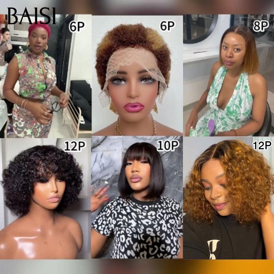 BAISI Perruques 13X4 afro curly et 2X6 lisse 1BT27# 8 pouces et bob avec frange et T part afro curly 1BT30# en 100% Cheveux Humains BS65