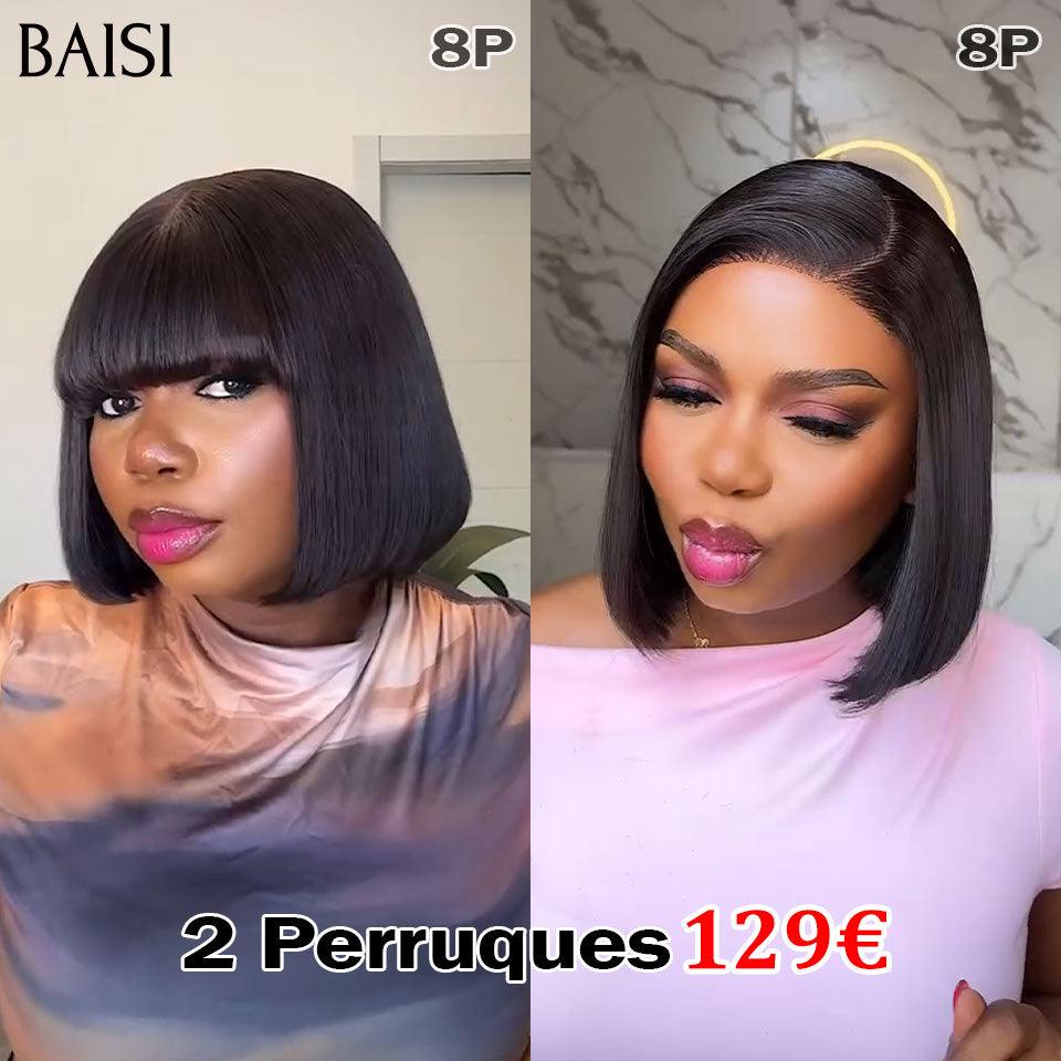 BAISI 2 Perruques 120€ 2X6 lace Lisse 8 Pouces et Sans lace Lisse 8 Pouces NOIR  250% densité DE luxe en 100% Cheveux Humains BS65