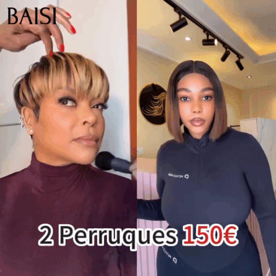 BAISI  2 Perruques pour revendre 150€ pixie mixte 6 Pouces ou 4X4 lace Lisse DE luxe 1BT4# 8 Pouces 200% densité en 100% vrais cheveux humains FR38