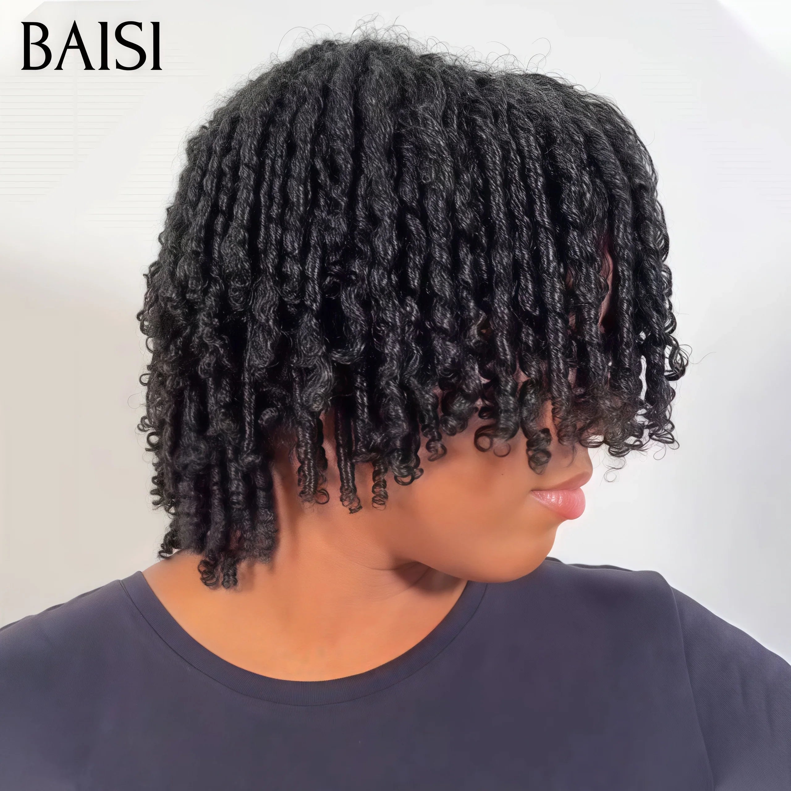 BAISI Achetez 2 perruques minimum au prix d'usine fournisseur perruque pixie finger wave ou Lisse 99J# ou bouclé curly sans colle sans lace ou afro curl avec frange en noir 10 Pouces en 100% vrais cheveux humains