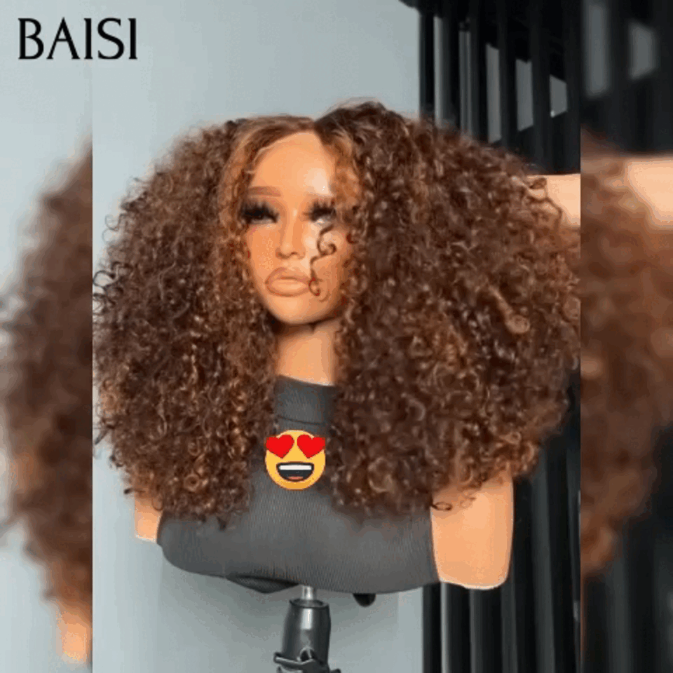 BAISI 13X4 lace perruque kinky curly frontale 20 pouces 300% densité en Couleur marron 4#mix30# 100% cheveux humains