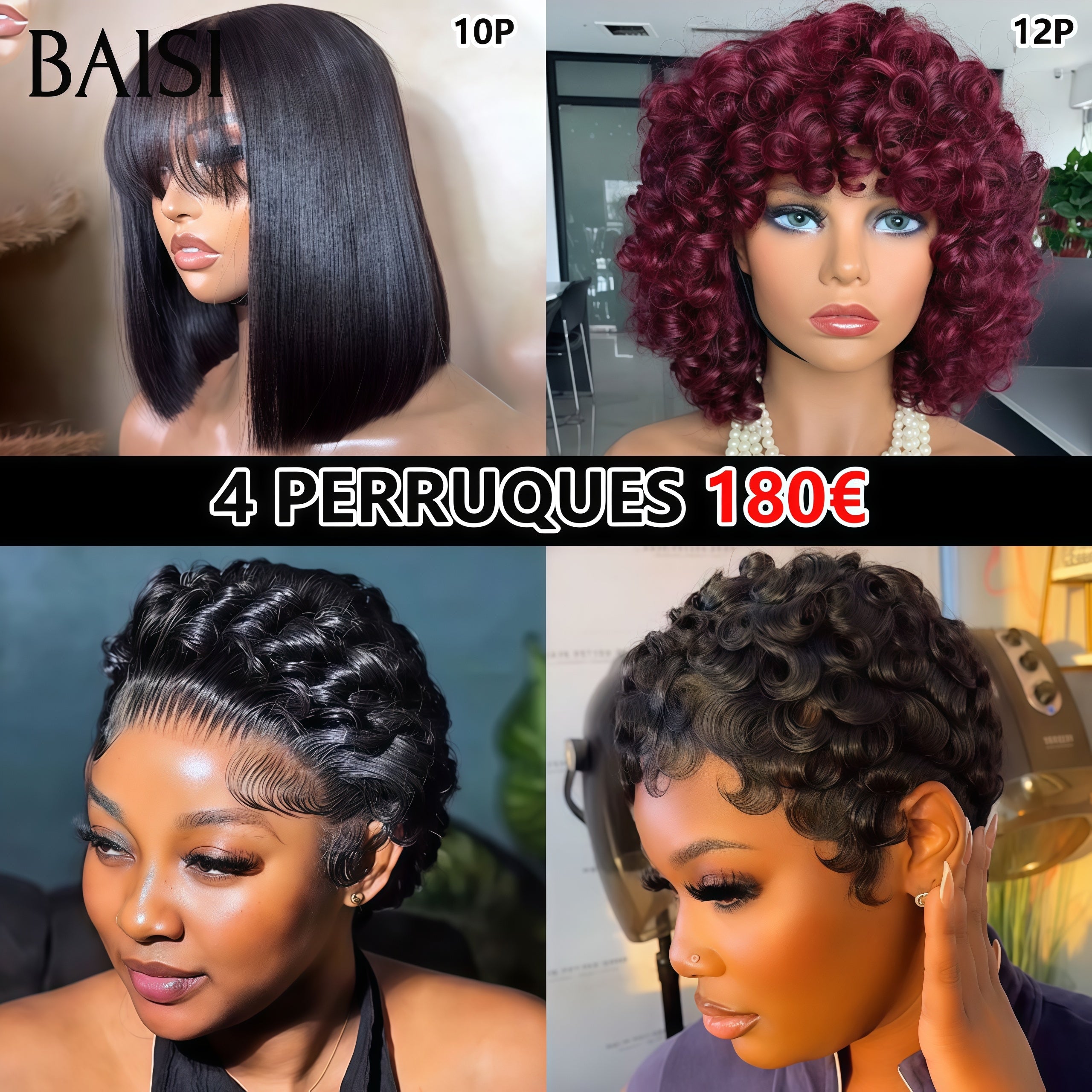 BAISI Promotion pixie afro curly wave en noir mixte marron 50€ ou 4 Perruques 180€ Fabriqué à la Machine finger wave et egg wave et Lisse 100% Cheveux Humains