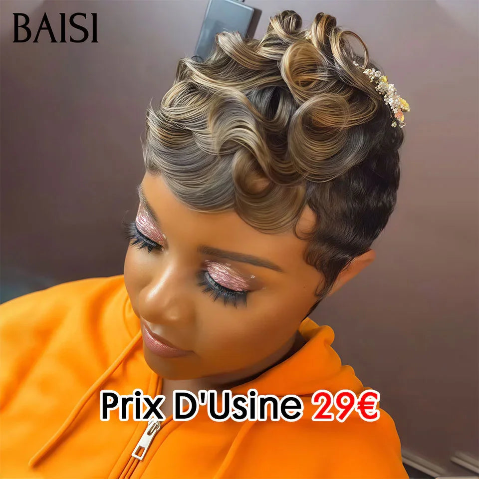 BAISI Achetez 2 perruques minimum au prix d'usine fournisseur en France TVA 0€ 48H arrivé pixie Fabriqué à la Machine finger wave 4/27# ou 13X4 Lace Perruque pixie Lisse NOIR en 100% Vrais Cheveux Humains  (Pas Besoins De Code)
