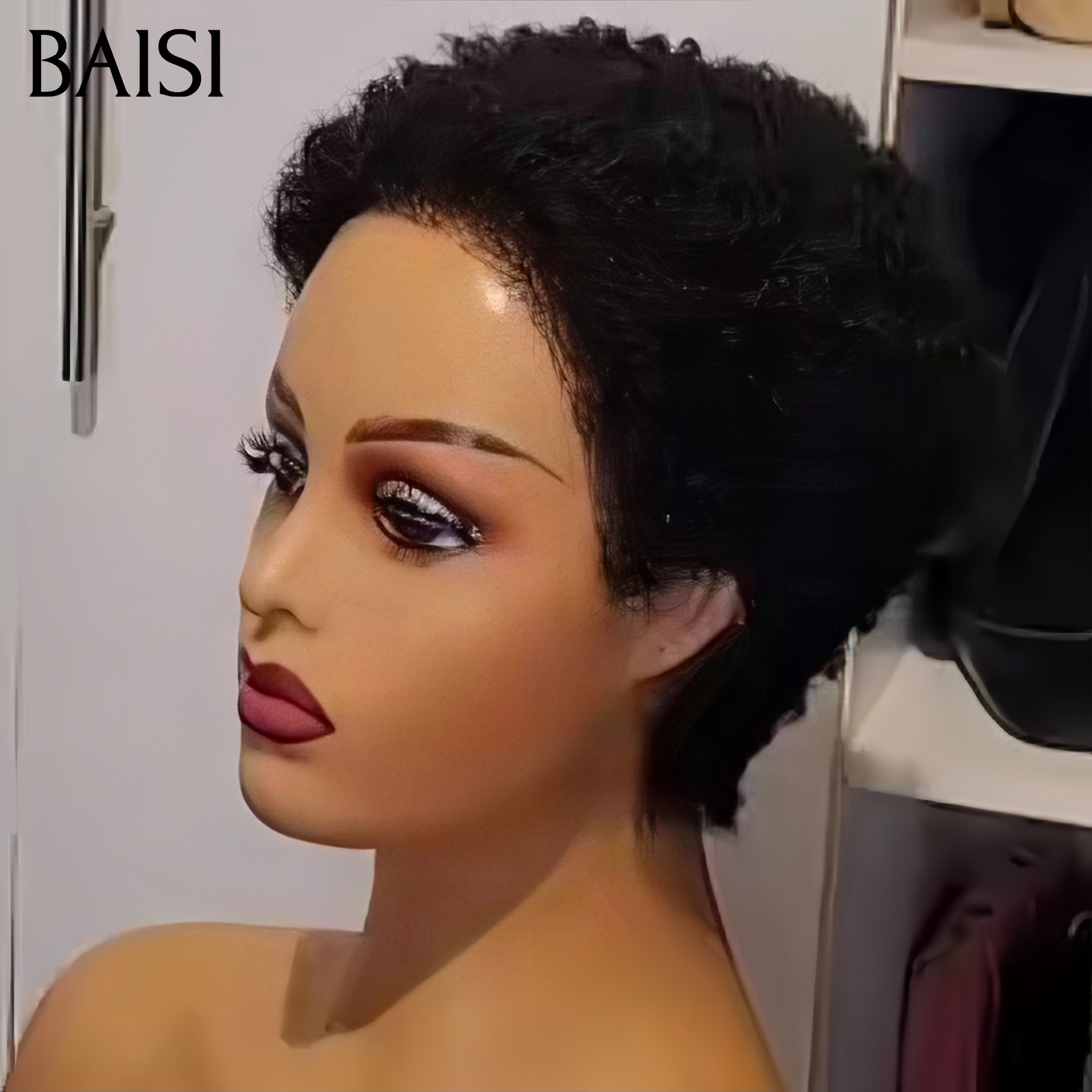 BAISI pixie afro curly 59€ Moitié Prix Nouvelle personnalisation 200% densité noir sans lace en 100% Cheveux Humains fabriqué à la machine MP50