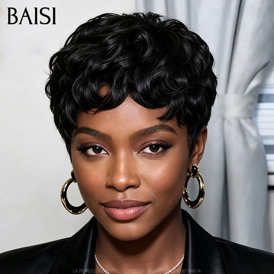 BAISI  Perruque Chiomas 59€ Pixie Finger Wave petite coupe Lace Frontale en Couleur NOIR 68€ En 100% Cheveux Humains