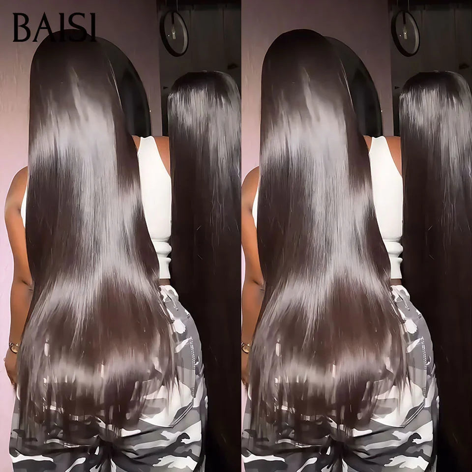 BAISI 13x4 Lace Frontale Lace Perruque 1B# long lisse wave 30 Pouces  100% Cheveux Humains BS65