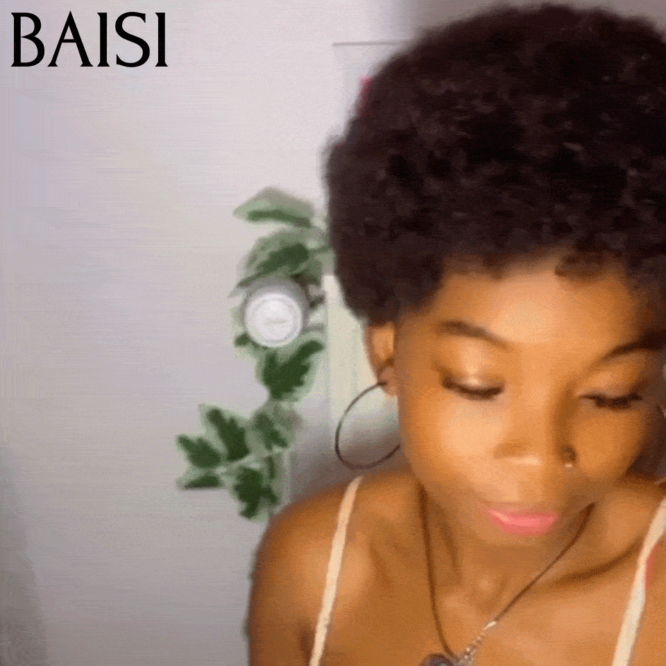 Parrucche BAISI Afro Pixie senza colla ricce all over nere in capelli umani al 100%.