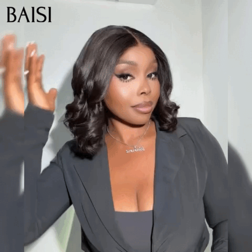 BAISI 4x4 Perruque Body Wave bob 10 Pouce 88€ en Noir Sans Colle Lace déjà couper Facile à Porter en 100% Cheveux Humains BS65