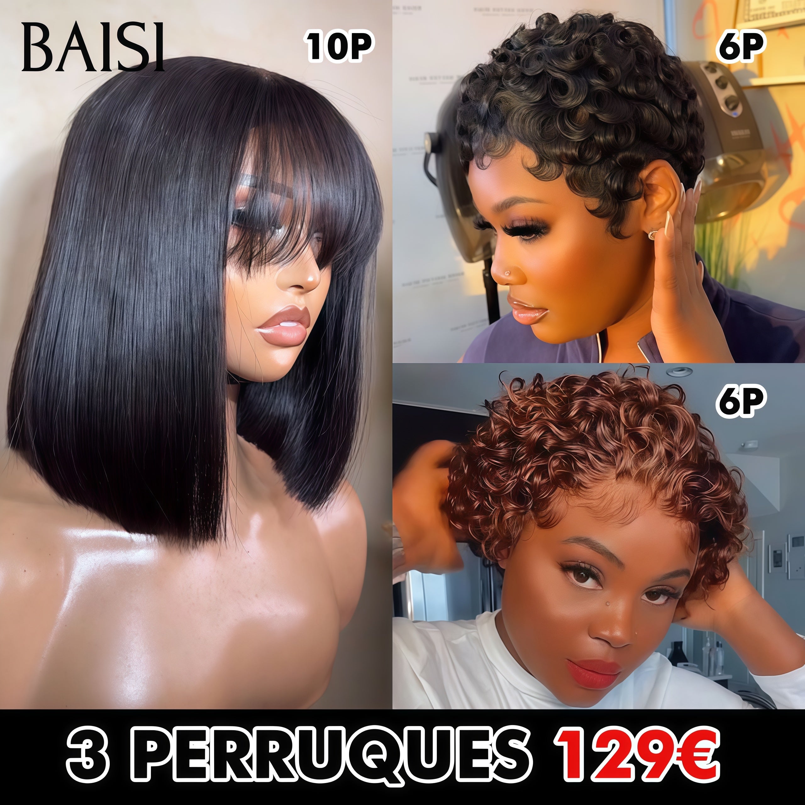 BAISI Perruque en France TVA 0€ Livraison gratuite 2-3 jours en Europe 3 perruques 129€ en 100% cheveux humains de bonne qualité livraison rapide
