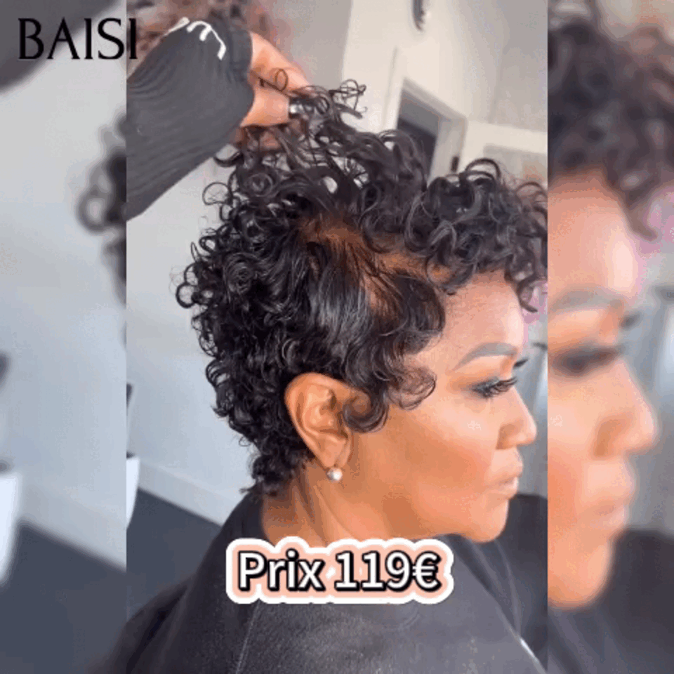 Parrucca ondulata BAISI Taglio pixie taglio intero in pizzo Onda con dita taglio piccolo in colore nero in capelli umani al 100% BS50