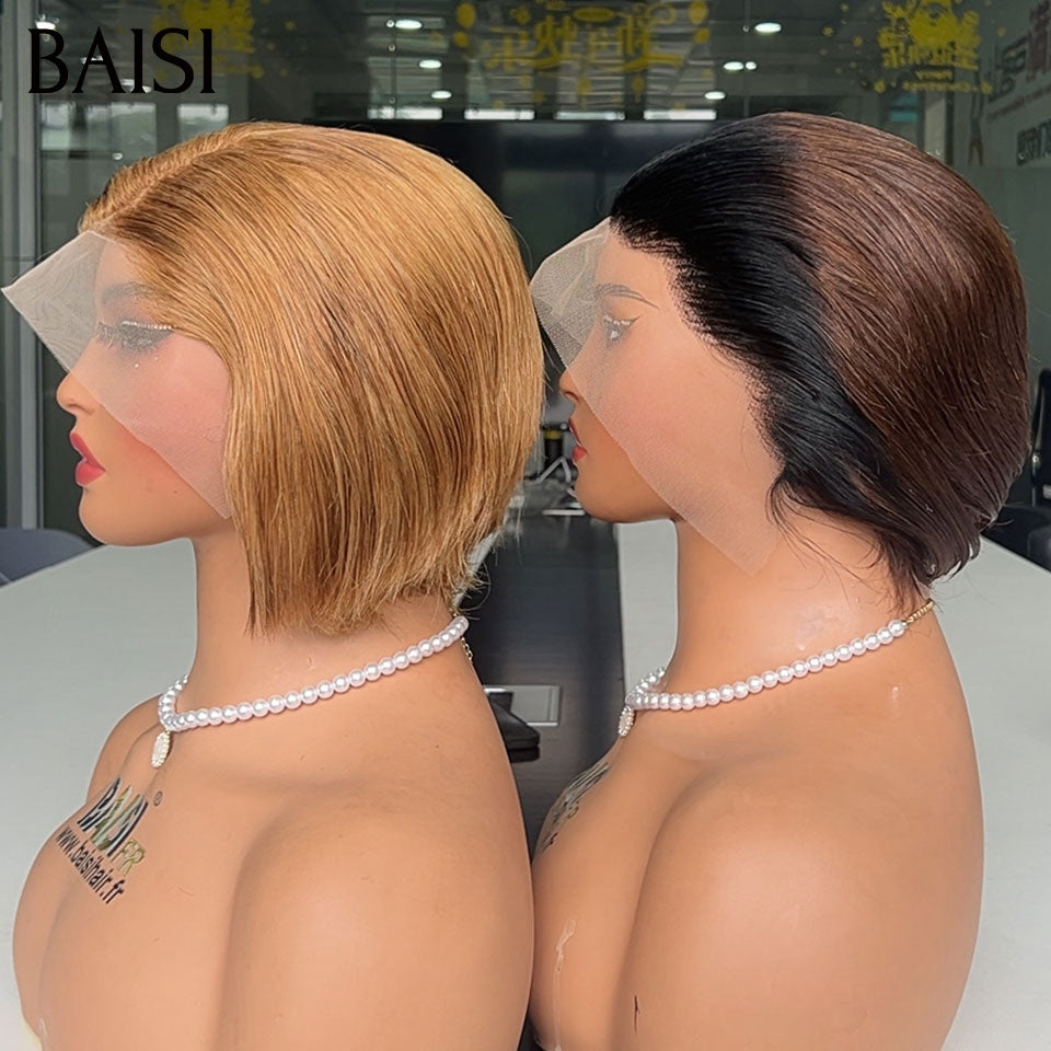 BAISI Perruque Lot de 2 Perruques Pixie en 13x4 Lace Frontale Lisse Couleur Miel et Couleur Noir Moitié Marron 75€ Seulement Promotion Spéciale Vacances en 100% Cheveux Humains