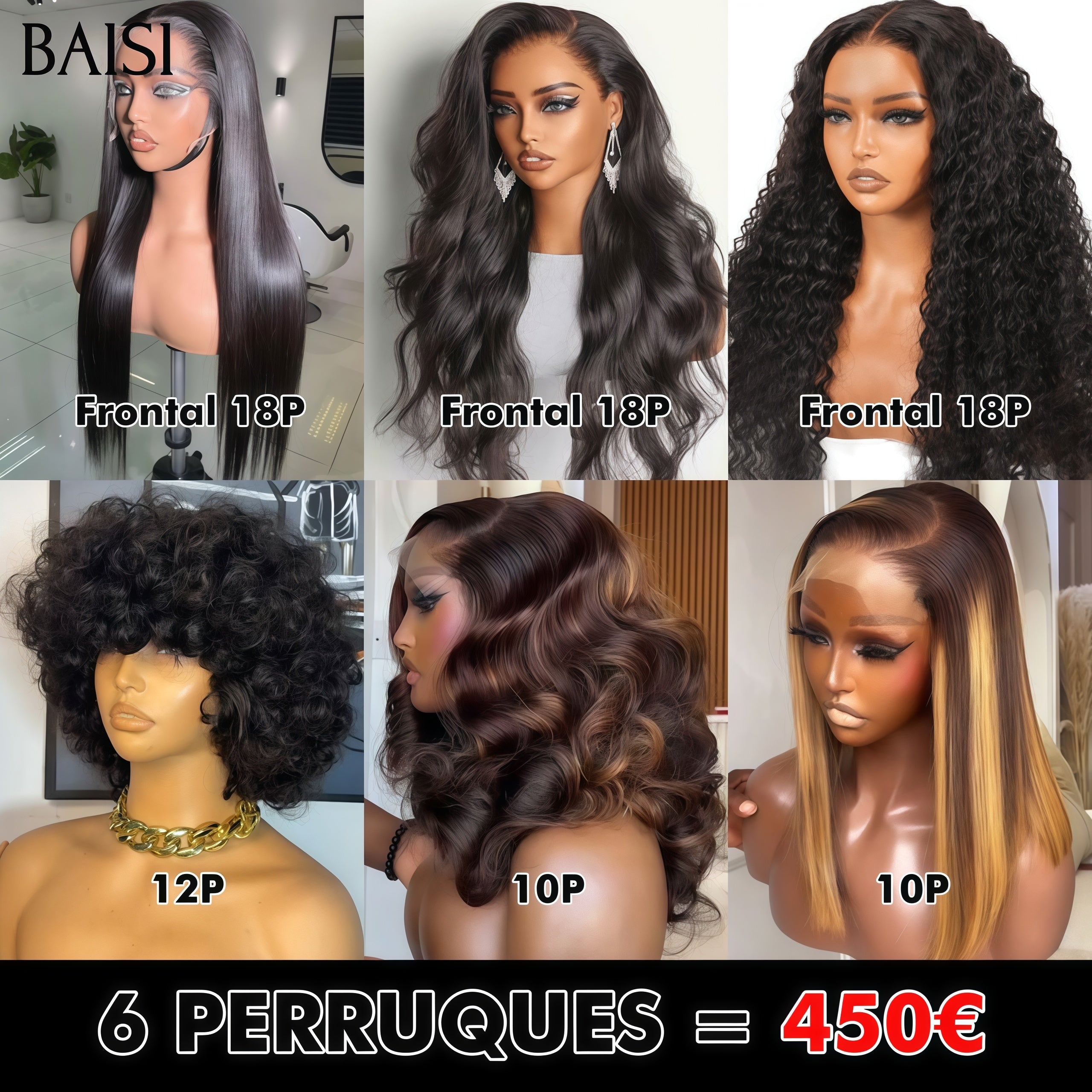BAISI Lot De 6 Perruques Prix en Gros 450 Euro En 100% Cheveux Humains VIP400