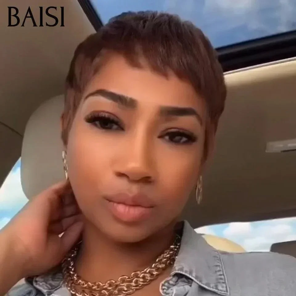 BAISI OFERTA FLASH Pixie 49€ Corte curto em 2 cores, preto misto, mel ou castanho #4 Peruca sem lace, sem cola, corte curto fabricada à máquina em 100% cabelo humano