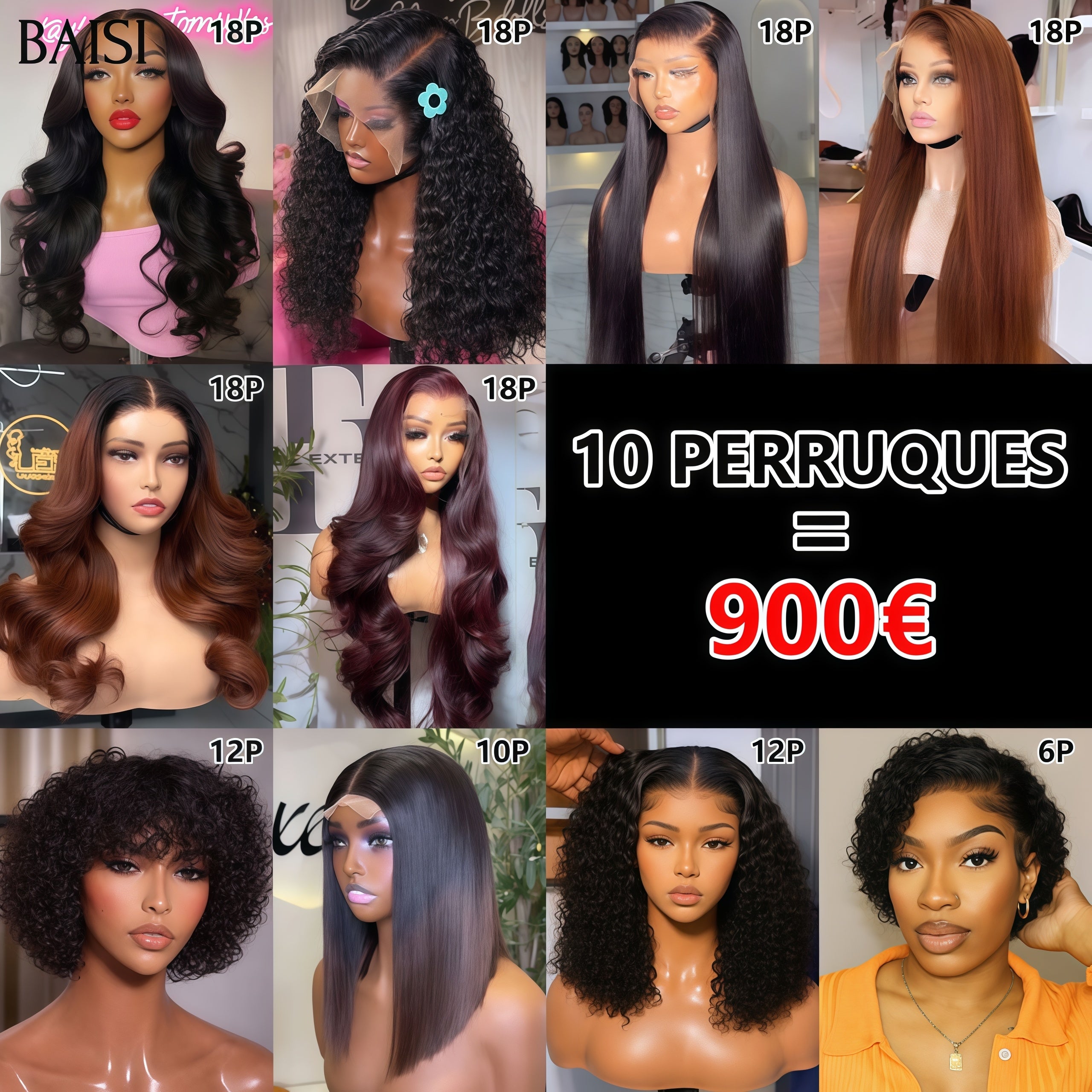 BAISI Perruques 10 Perruques pour revendre 900€ en 100% vrais cheveux humains Code:VIP400