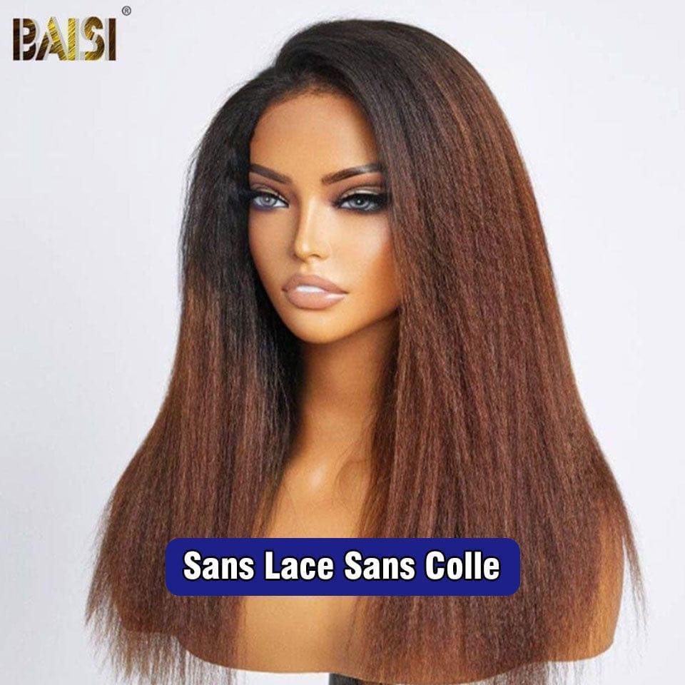 BAISI 13x4 Frontal Wig Kinky Straight in color #1B#4 Pre-Plucked No Glue Needed in 100% Raw Hair Lace Already Cut
