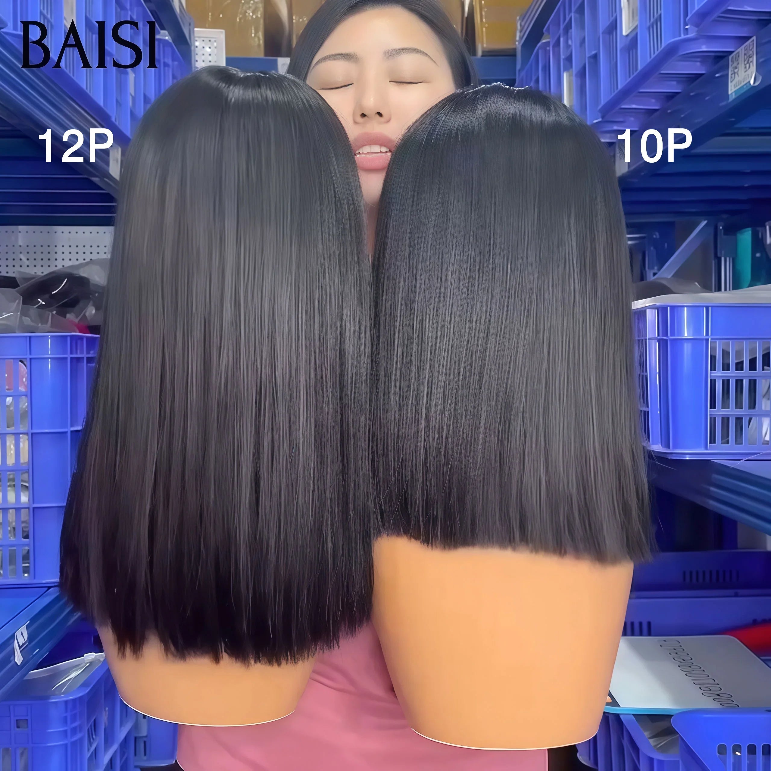 BAISI Lot de 2 perruques PROMOTION 160€ 2X6 lace closure 10-12 Pouces Lisse 250% Densité DE luxe NOIR en 100% vrais cheveux humains BS65