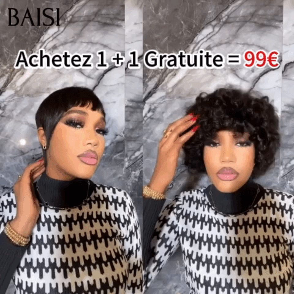 BAISI 1 Acquistata + 1 Gratis = 99€ Parrucca senza lace pixie e bob egg wave con frangia 12 pouces in capelli umani (nessun codice necessario)