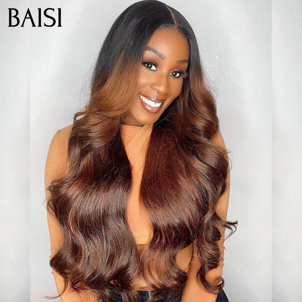 BAISI 13x4 Frontal Body Wave Wig in Brown #1B4 Pre-Plucked No Glue Needed in 100% Raw Hair Lace Already Cut
