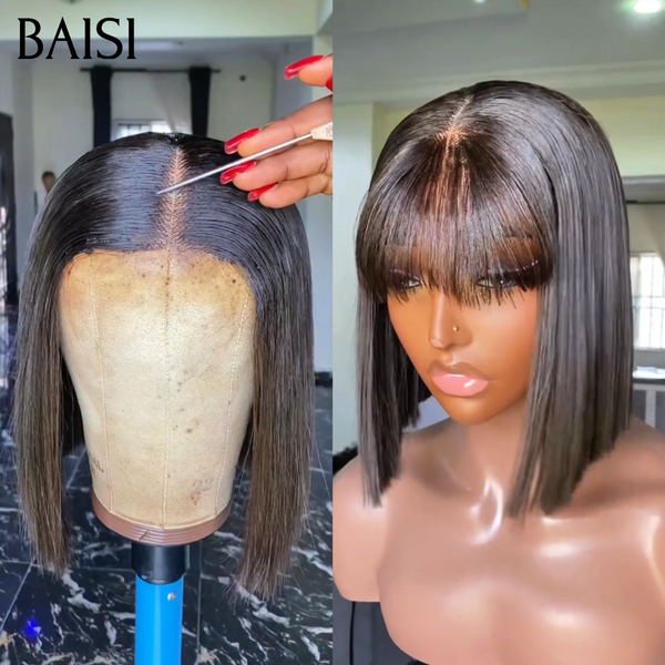 BAISI 2 perruques bob Lisse Noir 8 Pouces  avec Frange 79€ ou Sans Frange 89€ Facile à Porter Au Quotidien en 100% Cheveux Humains