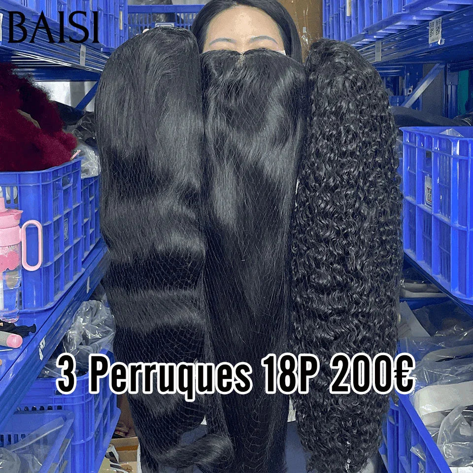 BAISI  Moitié Prix 3 Perruques 200€ 18 pouces 100% raw hair Lisse  NOIR 4X4 lace en 100% Cheveux Humains MP50