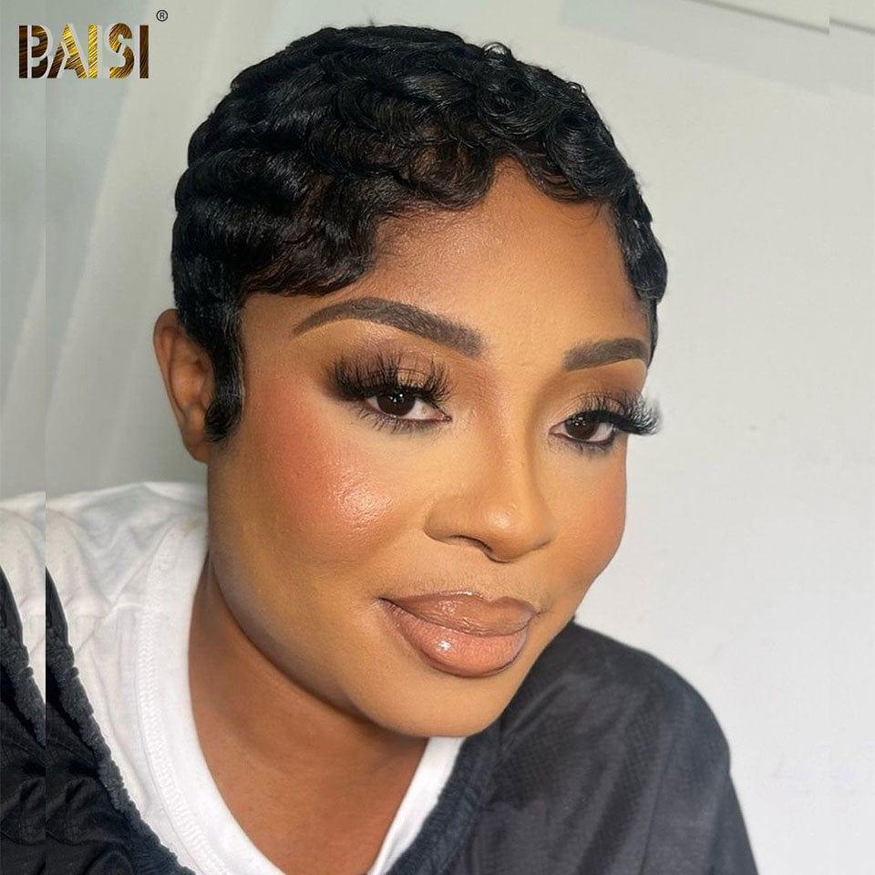 BAISI 4 Perruques 239€ 13X4 pixie 99J# et 2x6 Lisse 8 Pouces et sans Colle afro curly ou pixie curly wave sans lace sans colle  Noir 58€ en 100% Cheveux Humains