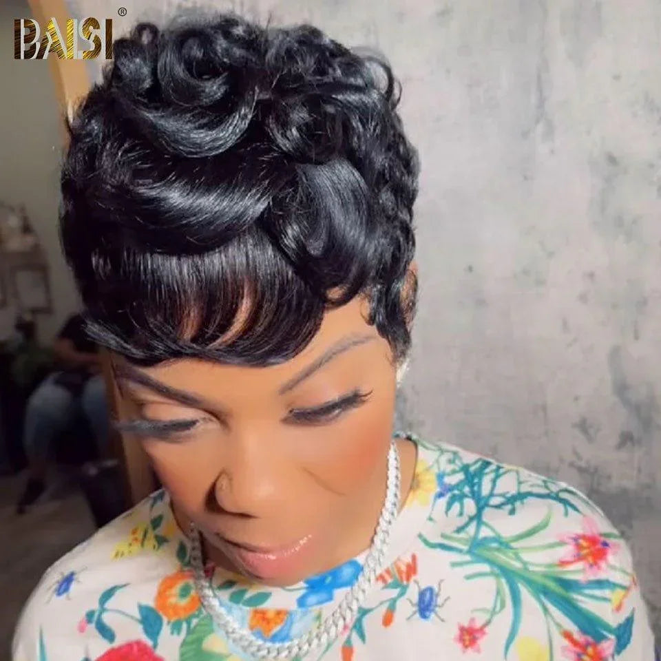 BAISI Achetez 1 + 1 Gratuite = 159€  Bob curly wave avec Frange et pixie Lisse ou Perruque Pixie Finger Wave petite coupe fabriqué à la machine 57€ En 100% Cheveux Humains
