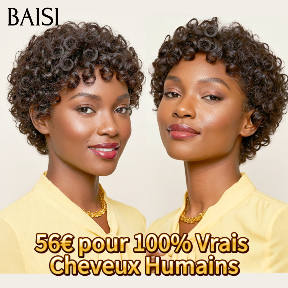 BAISI Promo 56€ Perruque pixie finger wave en Noir 1B# en 100% Cheveux Humains FR40