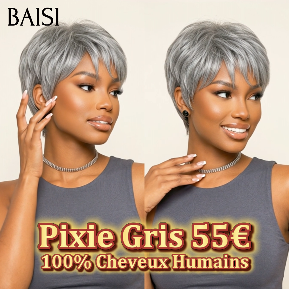 Vente flash Collection Perruques Poivre et Sel Perruque pixie Lisse gris 55€ Fabriqué à la Machine Facile à porter en 100% Cheveux Humains
