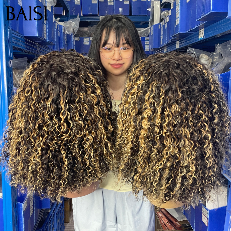 BAISI sans lace Perruque curly wave avec frange 16 pouces 159€ en Beaucoup de volume 300 Grammesen en 100% Cheveux Humains