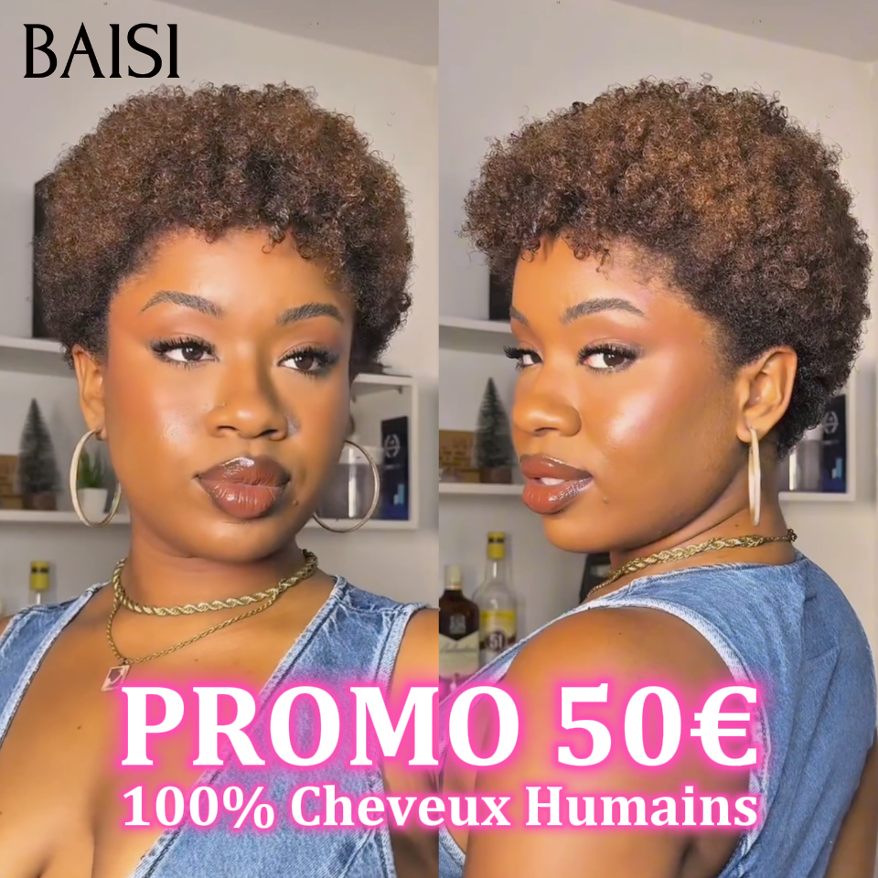 BAISI Vente en gros perruques pixie afro curly 50€ en Couleur marron 4# Pas Besoin de Colle en 100% Cheveux Humains FR38