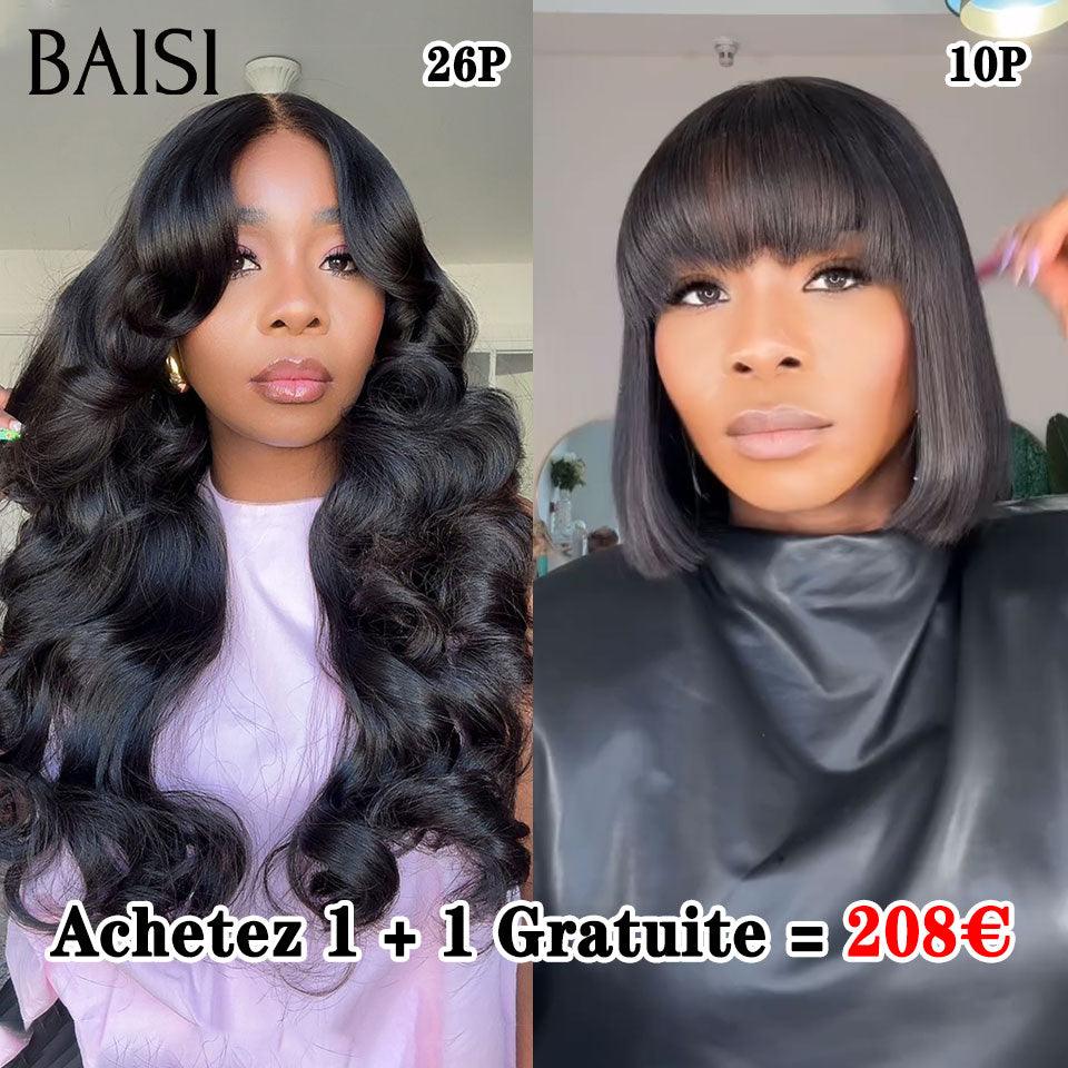 BAISI Achetez 1 + 1 Gratuite = 208€ 4X4 lace 26 Pouces Body wave et bob Lisse avec Frange 10 Pouces ou 2 Achetés + 2 Gratuits = 385€ en 100% vrais cheveux humains  (pas besoin de code)