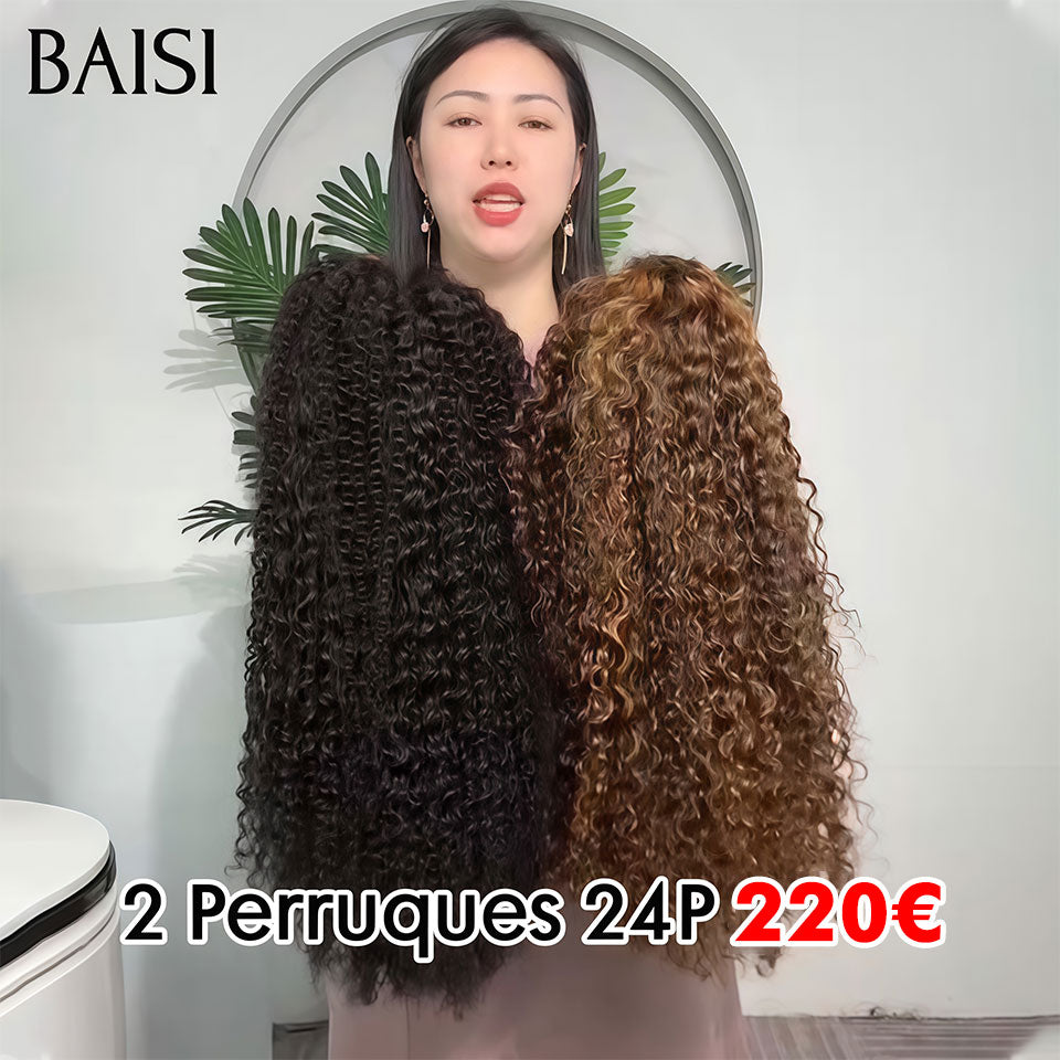 BAISI  PROMOTION 220€ 2 perruques Vente en gros 13X4 lace frontal 24 Pouces curly wave noir et mixte 100% vrais cheveux humains
