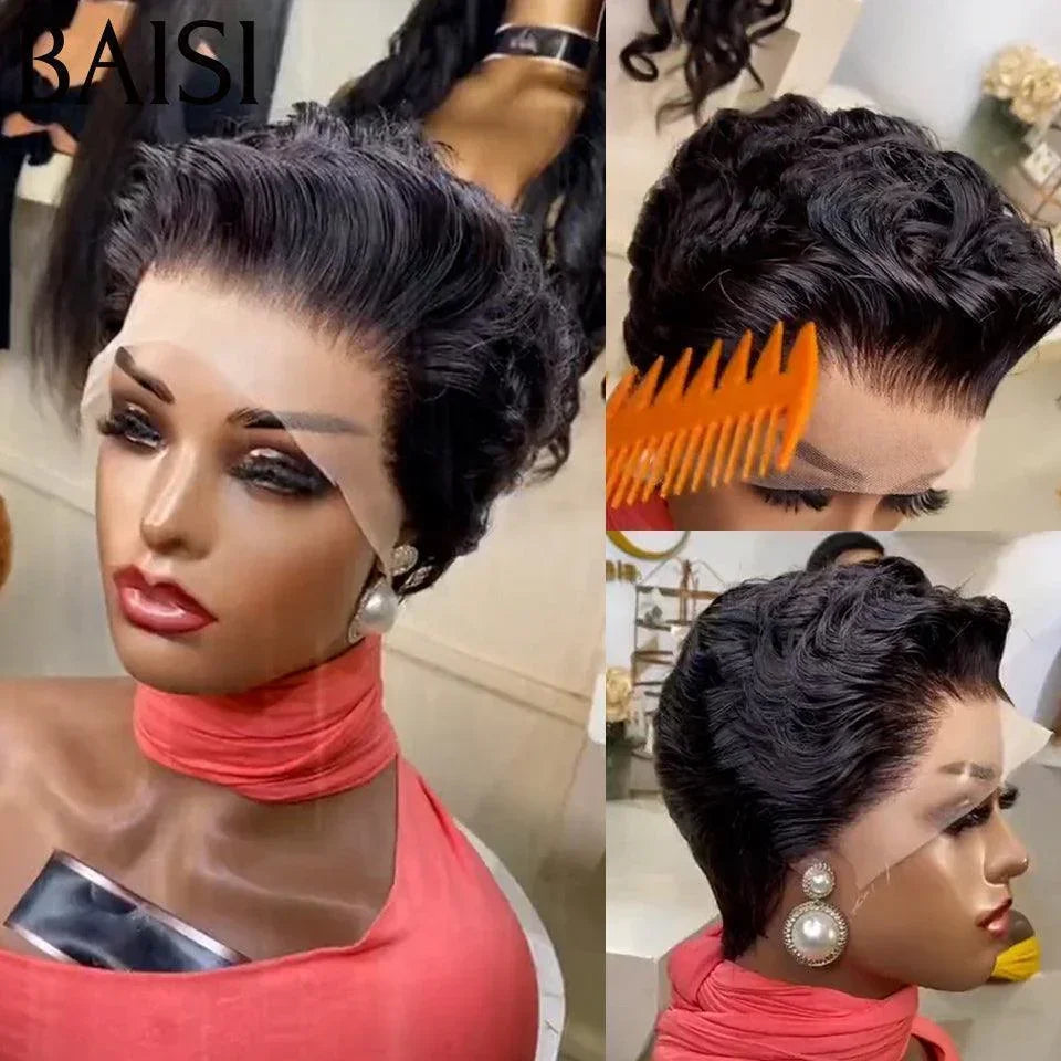 BAISI Acquista almeno 2 parrucche al prezzo di fabbrica fornitore Parrucca Pixie Colore nero in 100% Capelli Umani Nessun Codice Necessario F-996