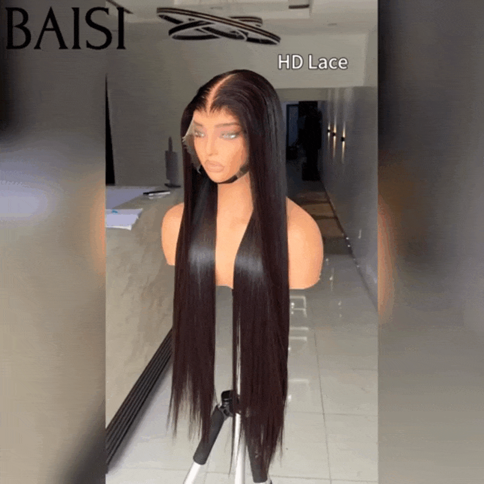 Parrucca diritta invisibile senza colla in pizzo BAISI 13x6 HD in pizzo nero già tagliata Facile da indossare in capelli umani al 100% densità 250%