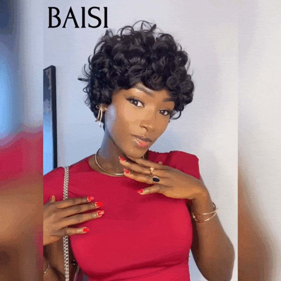 BAISI 13X4 Lace Frontal Peruca Pixie Castanha 4# 68€ e Peruca Pixie Finger Wave corte curto feito à máquina 49€ em 100% cabelo humano