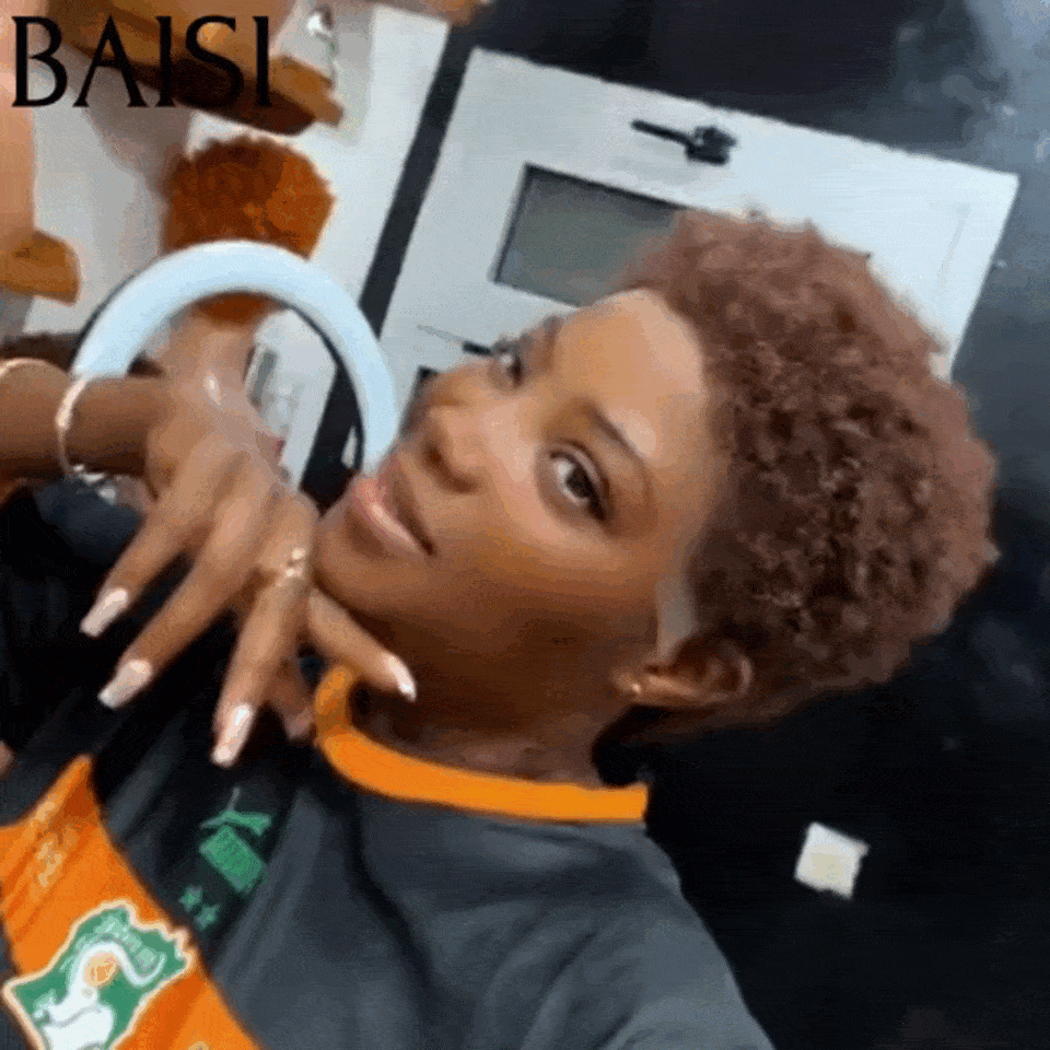 BAISI Perruque Pixie Couleur Marron #4 Afro Curl 13x4 lace frontal bouclé partout en 100% cheveux humains F-905 FR38
