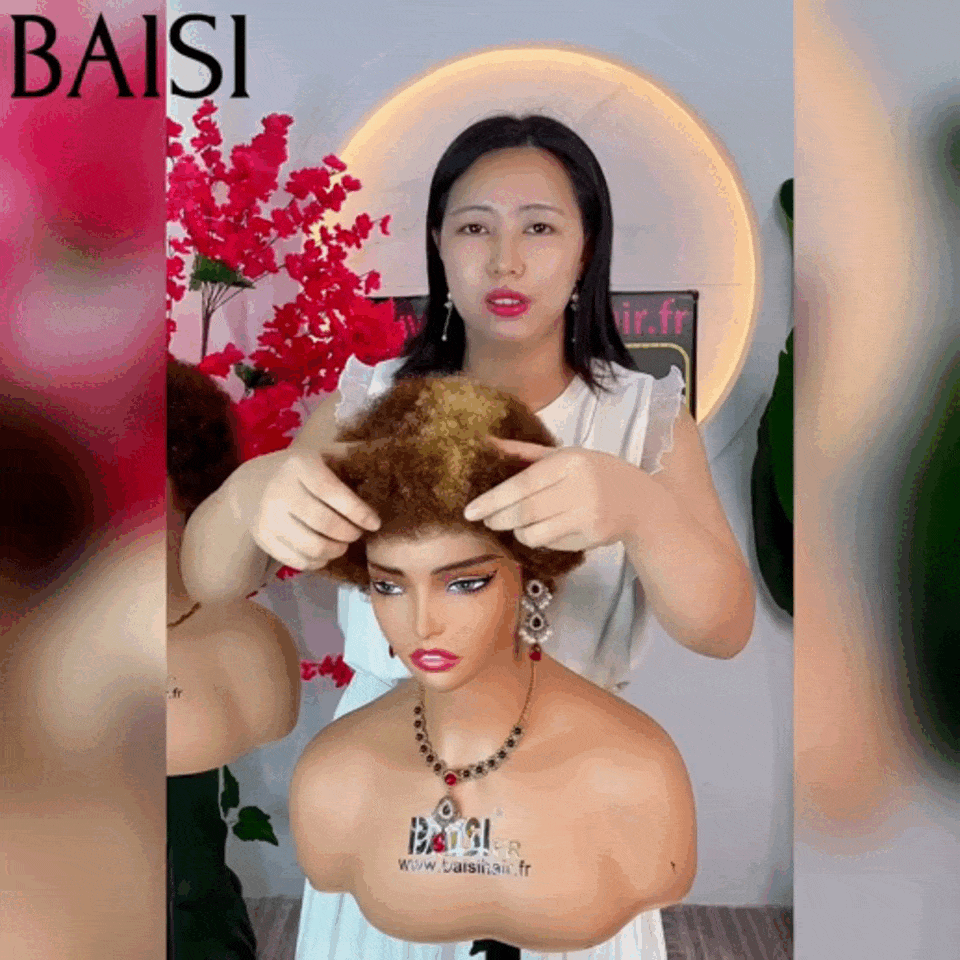 BAISI  13X4 lace perruque pixie lisse ou afro curl en Couleur Marron Mix miel 4#27# F-905 en 100% Vrais Cheveux Humains
